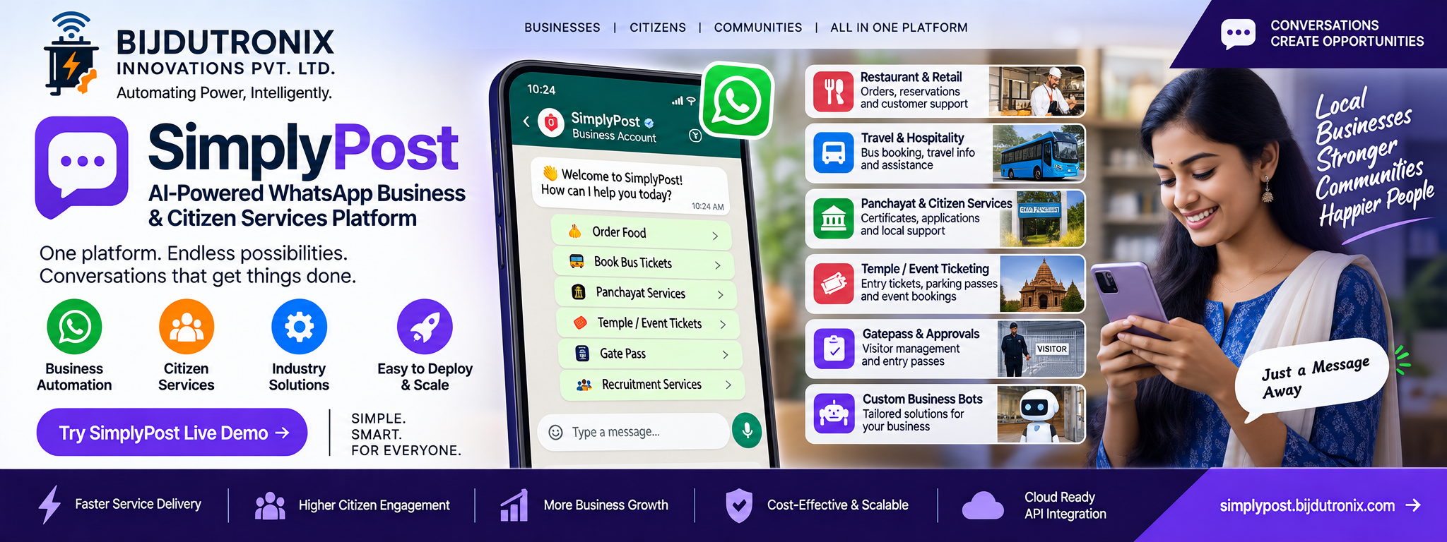 SimplyPost — AI-powered WhatsApp business and citizen services platform